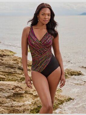 MIRCLESUIT One Piece Bathing Suit in Black with Red and Turquoise - Size 12